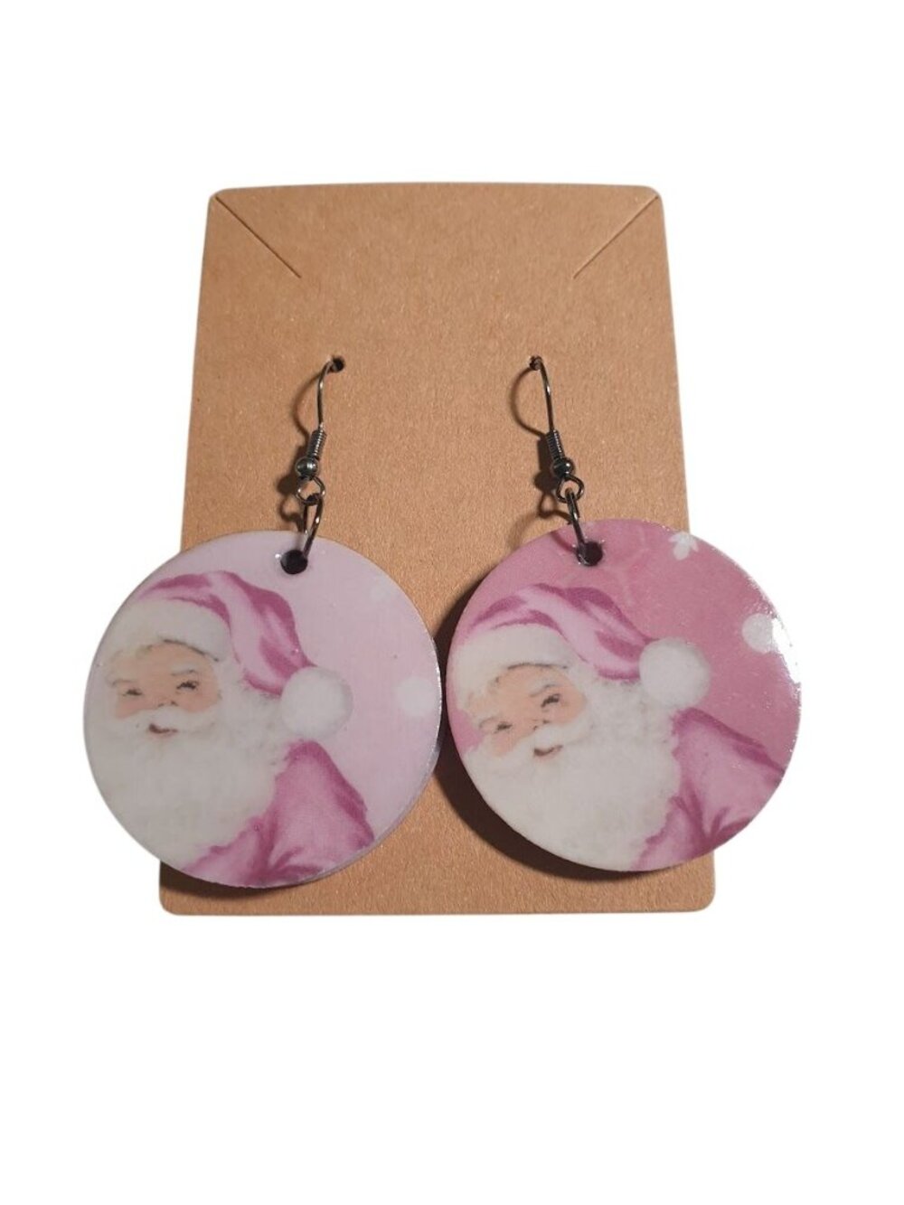 Santa Claus Pink Wooden Dangle Earrings Handmade Hooks Holiday Christmas Jewelry